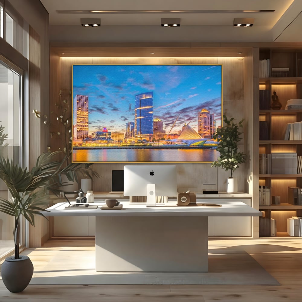 Tablou Canvas Premium, LuxCanva® O1057, Orasul care Straluceste, Lumini, Urban, Milwaukee, Nori, Metropola, Apis, Apa, Panorama, Vibratie, Orizont, Tablou, Plimbare, Birou, Living, Dormitor