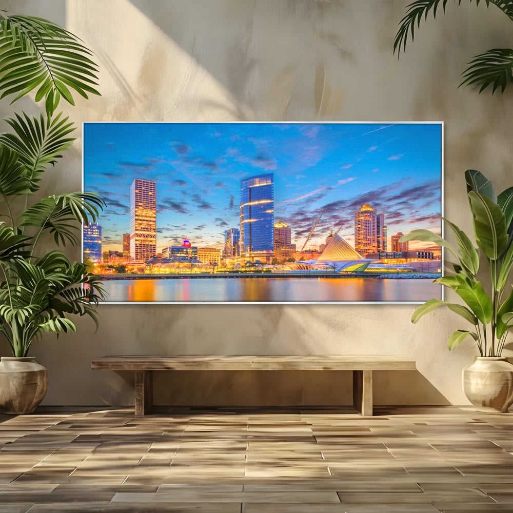 Tablou Canvas Premium, LuxCanva® O1057, Orasul care Straluceste, Lumini, Urban, Milwaukee, Nori, Metropola, Apis, Apa, Panorama, Vibratie, Orizont, Tablou, Plimbare, Birou, Living, Dormitor