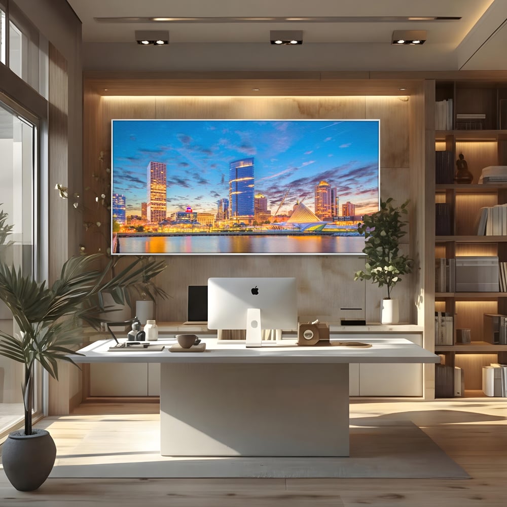 Tablou Canvas Premium, LuxCanva® O1057, Orasul care Straluceste, Lumini, Urban, Milwaukee, Nori, Metropola, Apis, Apa, Panorama, Vibratie, Orizont, Tablou, Plimbare, Birou, Living, Dormitor