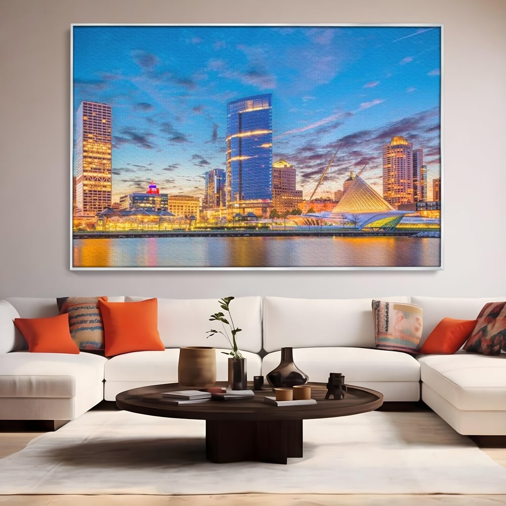 Tablou Canvas Premium, LuxCanva® O1057, Orasul care Straluceste, Lumini, Urban, Milwaukee, Nori, Metropola, Apis, Apa, Panorama, Vibratie, Orizont, Tablou, Plimbare, Birou, Living, Dormitor