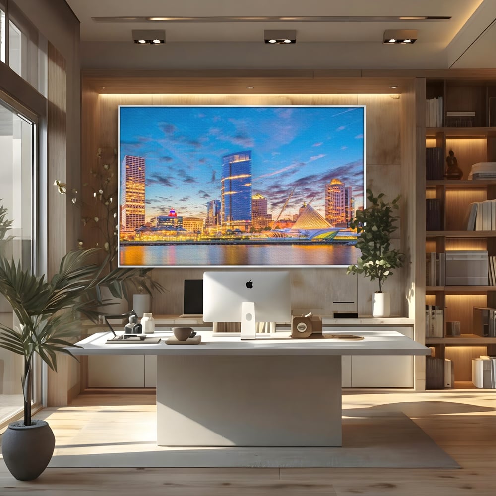 Tablou Canvas Premium, LuxCanva® O1057, Orasul care Straluceste, Lumini, Urban, Milwaukee, Nori, Metropola, Apis, Apa, Panorama, Vibratie, Orizont, Tablou, Plimbare, Birou, Living, Dormitor