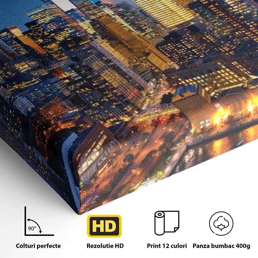 Tablou Canvas Premium, LuxCanva® O1058, Fantasticul Manhattan, Metropola, Lumini, Noapte, Sticla, Modernism, Vibratie, Skyline, Orizont, Apus, Stele, Cer, Infinit, Otel, Apa, Birou, Living, Dormitor