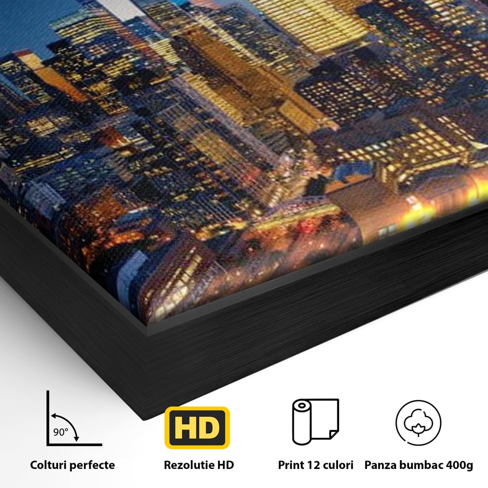 Tablou Canvas Premium, LuxCanva® O1058, Fantasticul Manhattan, Metropola, Lumini, Noapte, Sticla, Modernism, Vibratie, Skyline, Orizont, Apus, Stele, Cer, Infinit, Otel, Apa, Birou, Living, Dormitor