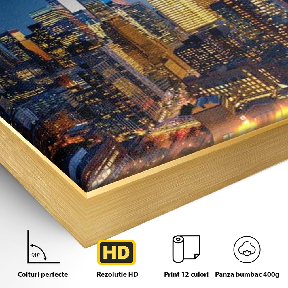 Tablou Canvas Premium, LuxCanva® O1058, Fantasticul Manhattan, Metropola, Lumini, Noapte, Sticla, Modernism, Vibratie, Skyline, Orizont, Apus, Stele, Cer, Infinit, Otel, Apa, Birou, Living, Dormitor