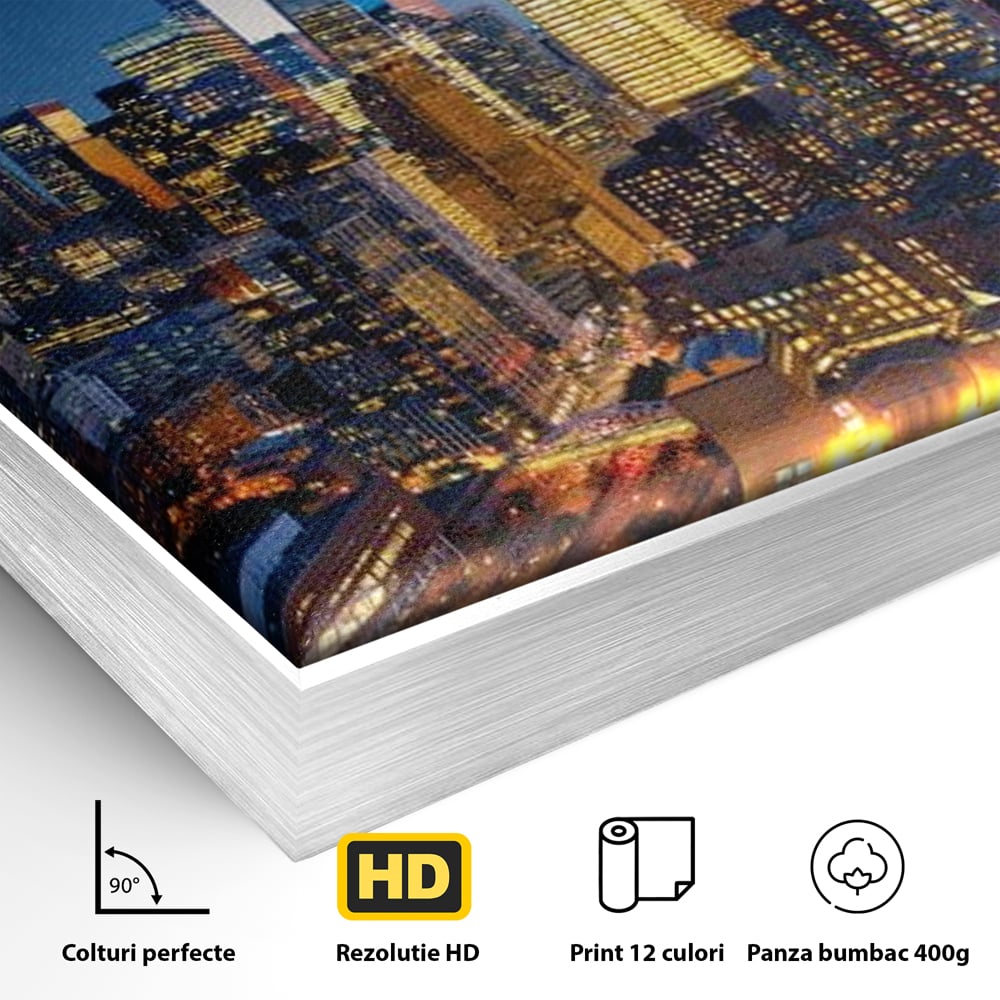 Tablou Canvas Premium, LuxCanva® O1058, Fantasticul Manhattan, Metropola, Lumini, Noapte, Sticla, Modernism, Vibratie, Skyline, Orizont, Apus, Stele, Cer, Infinit, Otel, Apa, Birou, Living, Dormitor