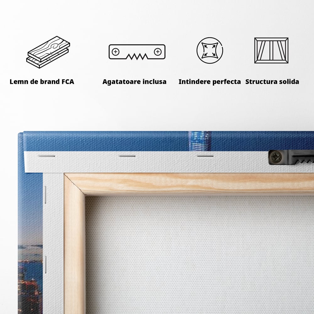 Tablou Canvas Premium, LuxCanva® O1058, Fantasticul Manhattan, Metropola, Lumini, Noapte, Sticla, Modernism, Vibratie, Skyline, Orizont, Apus, Stele, Cer, Infinit, Otel, Apa, Birou, Living, Dormitor