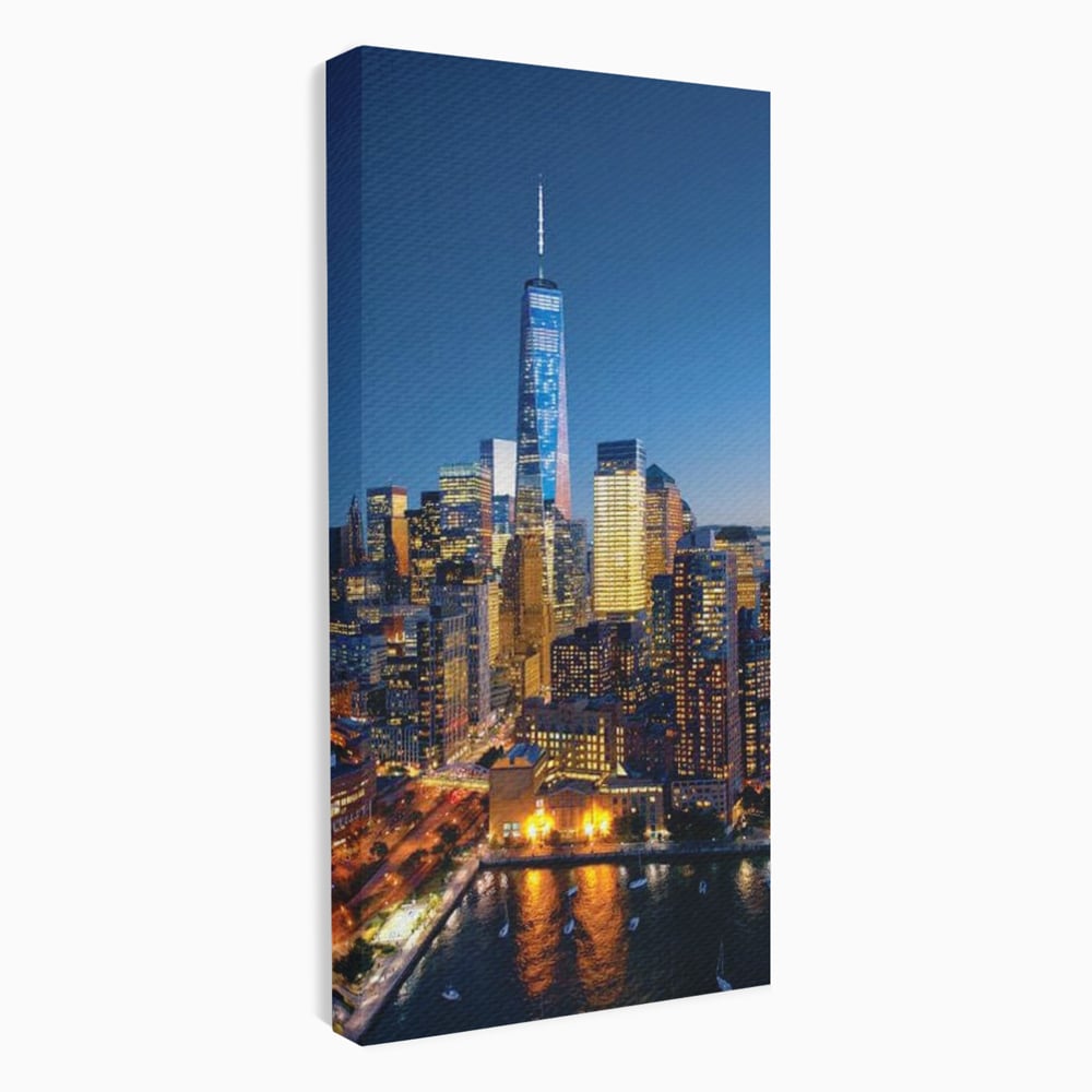 Tablou Canvas Premium, LuxCanva® O1058, Fantasticul Manhattan, Metropola, Lumini, Noapte, Sticla, Modernism, Vibratie, Skyline, Orizont, Apus, Stele, Cer, Infinit, Otel, Apa, Birou, Living, Dormitor