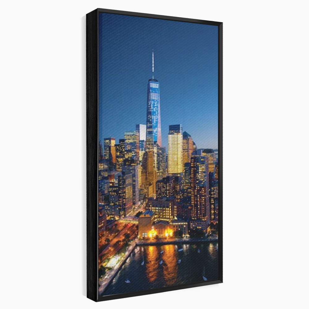 Tablou Canvas Premium, LuxCanva® O1058, Fantasticul Manhattan, Metropola, Lumini, Noapte, Sticla, Modernism, Vibratie, Skyline, Orizont, Apus, Stele, Cer, Infinit, Otel, Apa, Birou, Living, Dormitor