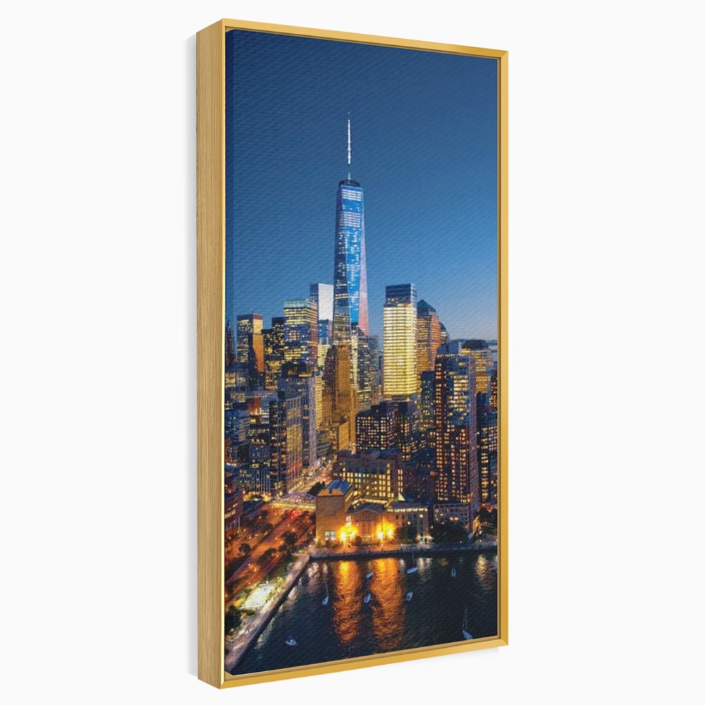 Tablou Canvas Premium, LuxCanva® O1058, Fantasticul Manhattan, Metropola, Lumini, Noapte, Sticla, Modernism, Vibratie, Skyline, Orizont, Apus, Stele, Cer, Infinit, Otel, Apa, Birou, Living, Dormitor