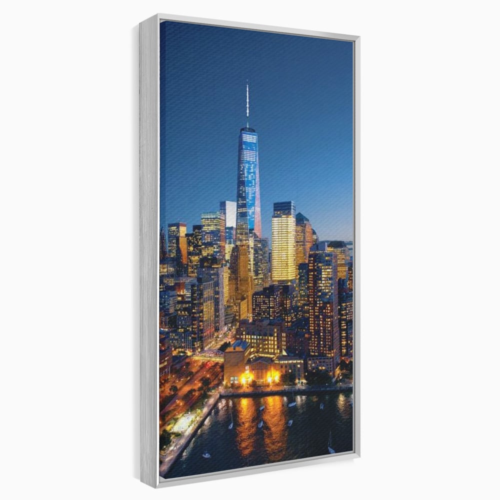 Tablou Canvas Premium, LuxCanva® O1058, Fantasticul Manhattan, Metropola, Lumini, Noapte, Sticla, Modernism, Vibratie, Skyline, Orizont, Apus, Stele, Cer, Infinit, Otel, Apa, Birou, Living, Dormitor