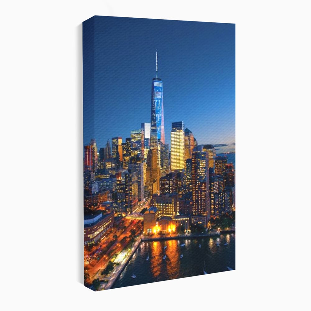 Tablou Canvas Premium, LuxCanva® O1058, Fantasticul Manhattan, Metropola, Lumini, Noapte, Sticla, Modernism, Vibratie, Skyline, Orizont, Apus, Stele, Cer, Infinit, Otel, Apa, Birou, Living, Dormitor