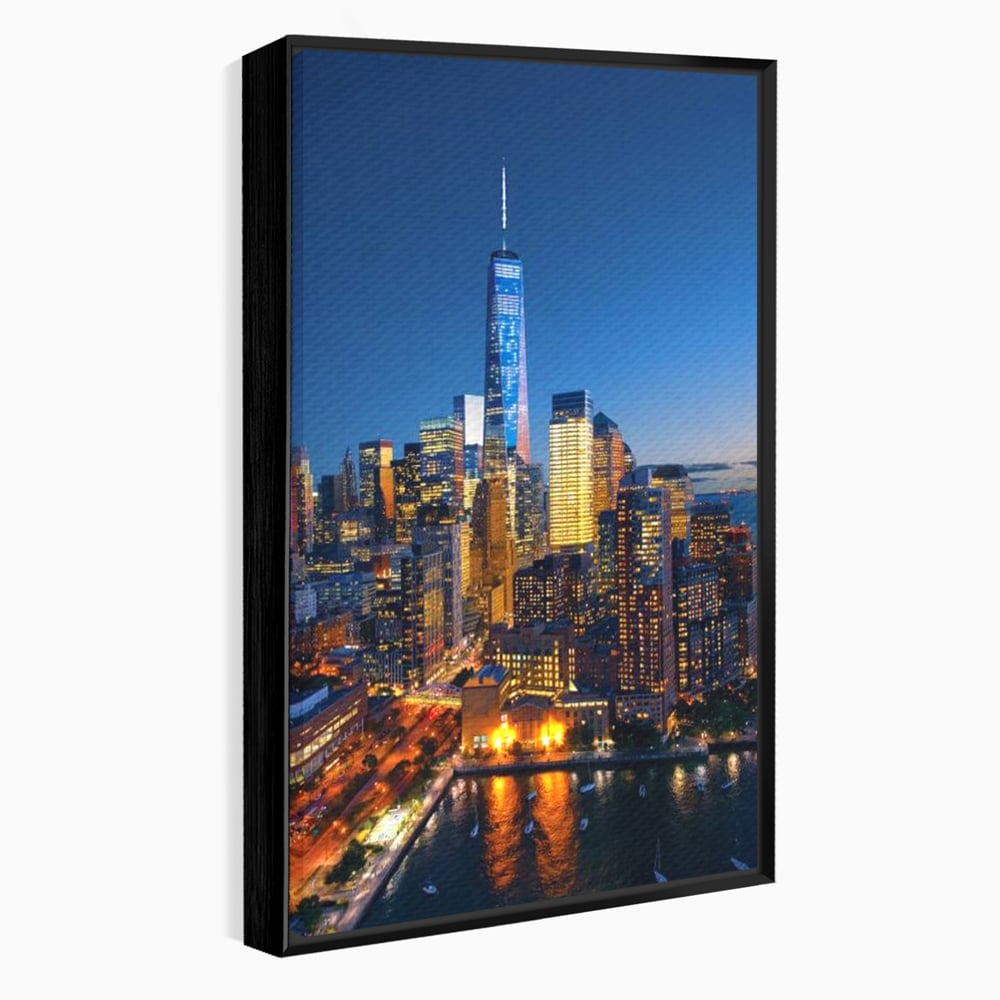 Tablou Canvas Premium, LuxCanva® O1058, Fantasticul Manhattan, Metropola, Lumini, Noapte, Sticla, Modernism, Vibratie, Skyline, Orizont, Apus, Stele, Cer, Infinit, Otel, Apa, Birou, Living, Dormitor