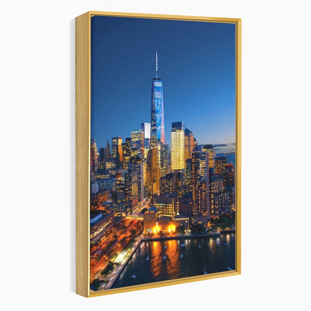 Tablou Canvas Premium, LuxCanva® O1058, Fantasticul Manhattan, Metropola, Lumini, Noapte, Sticla, Modernism, Vibratie, Skyline, Orizont, Apus, Stele, Cer, Infinit, Otel, Apa, Birou, Living, Dormitor