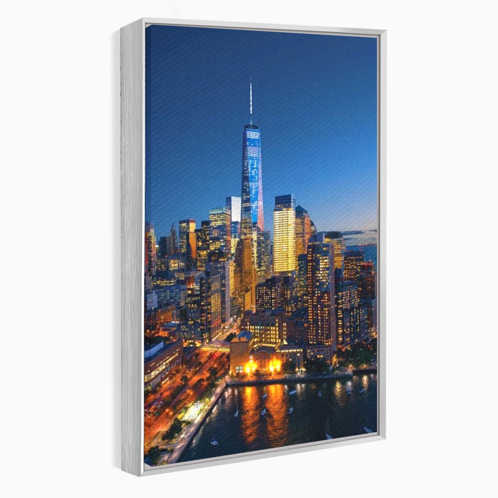 Tablou Canvas Premium, LuxCanva® O1058, Fantasticul Manhattan, Metropola, Lumini, Noapte, Sticla, Modernism, Vibratie, Skyline, Orizont, Apus, Stele, Cer, Infinit, Otel, Apa, Birou, Living, Dormitor