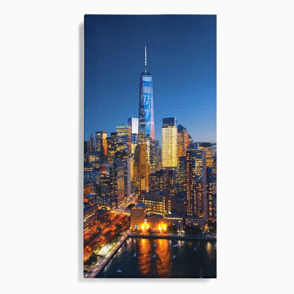 Tablou Canvas Premium, LuxCanva® O1058, Fantasticul Manhattan, Metropola, Lumini, Noapte, Sticla, Modernism, Vibratie, Skyline, Orizont, Apus, Stele, Cer, Infinit, Otel, Apa, Birou, Living, Dormitor