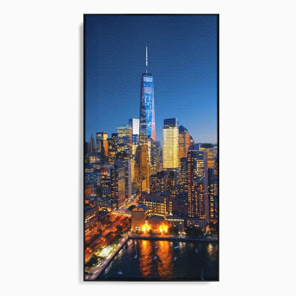 Tablou Canvas Premium, LuxCanva® O1058, Fantasticul Manhattan, Metropola, Lumini, Noapte, Sticla, Modernism, Vibratie, Skyline, Orizont, Apus, Stele, Cer, Infinit, Otel, Apa, Birou, Living, Dormitor