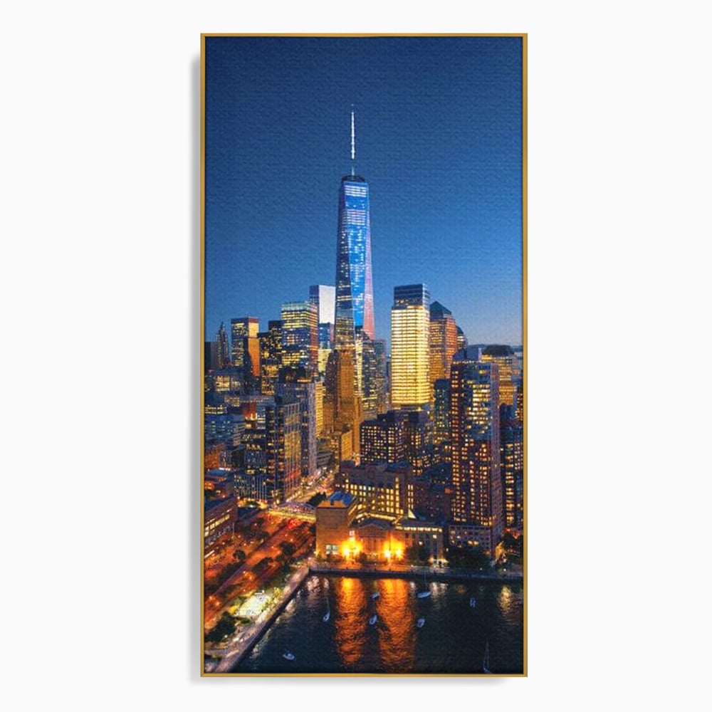 Tablou Canvas Premium, LuxCanva® O1058, Fantasticul Manhattan, Metropola, Lumini, Noapte, Sticla, Modernism, Vibratie, Skyline, Orizont, Apus, Stele, Cer, Infinit, Otel, Apa, Birou, Living, Dormitor