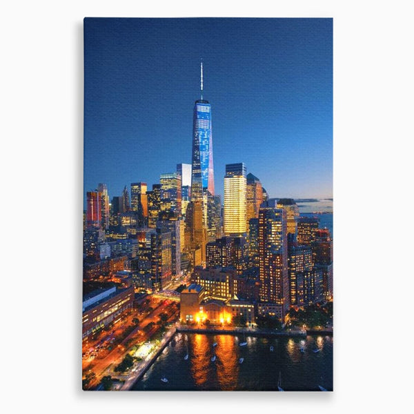 Tablou Canvas Premium, LuxCanva® O1058, Fantasticul Manhattan, Metropola, Lumini, Noapte, Sticla, Modernism, Vibratie, Skyline, Orizont, Apus, Stele, Cer, Infinit, Otel, Apa, Birou, Living, Dormitor