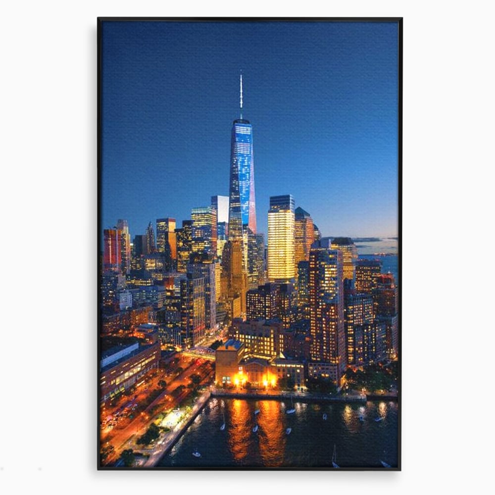 Tablou Canvas Premium, LuxCanva® O1058, Fantasticul Manhattan, Metropola, Lumini, Noapte, Sticla, Modernism, Vibratie, Skyline, Orizont, Apus, Stele, Cer, Infinit, Otel, Apa, Birou, Living, Dormitor