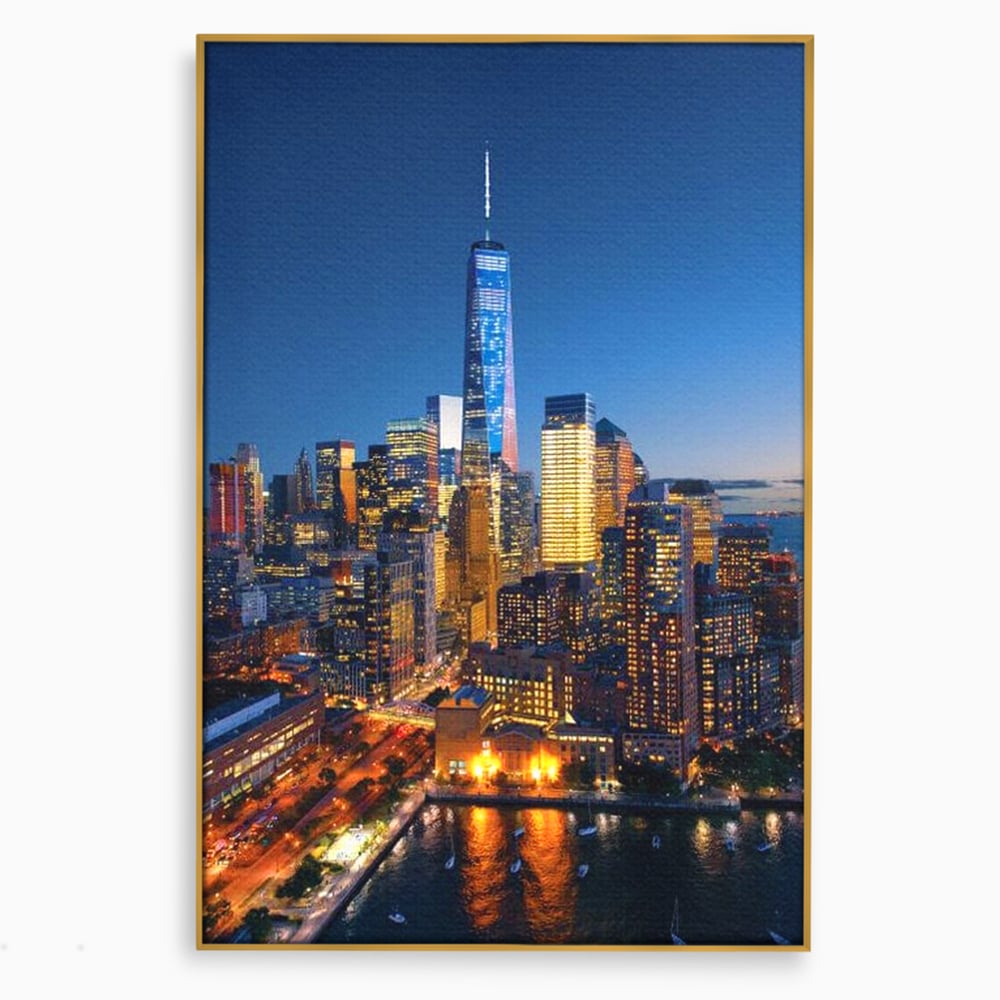 Tablou Canvas Premium, LuxCanva® O1058, Fantasticul Manhattan, Metropola, Lumini, Noapte, Sticla, Modernism, Vibratie, Skyline, Orizont, Apus, Stele, Cer, Infinit, Otel, Apa, Birou, Living, Dormitor