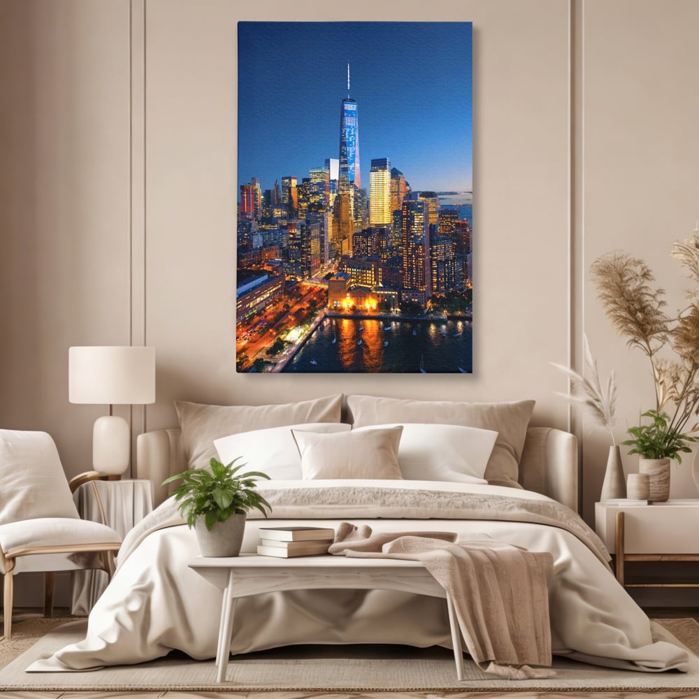 Tablou Canvas Premium, LuxCanva® O1058, Fantasticul Manhattan, Metropola, Lumini, Noapte, Sticla, Modernism, Vibratie, Skyline, Orizont, Apus, Stele, Cer, Infinit, Otel, Apa, Birou, Living, Dormitor