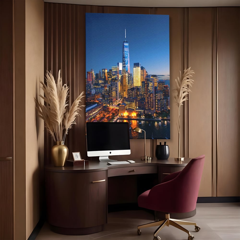 Tablou Canvas Premium, LuxCanva® O1058, Fantasticul Manhattan, Metropola, Lumini, Noapte, Sticla, Modernism, Vibratie, Skyline, Orizont, Apus, Stele, Cer, Infinit, Otel, Apa, Birou, Living, Dormitor