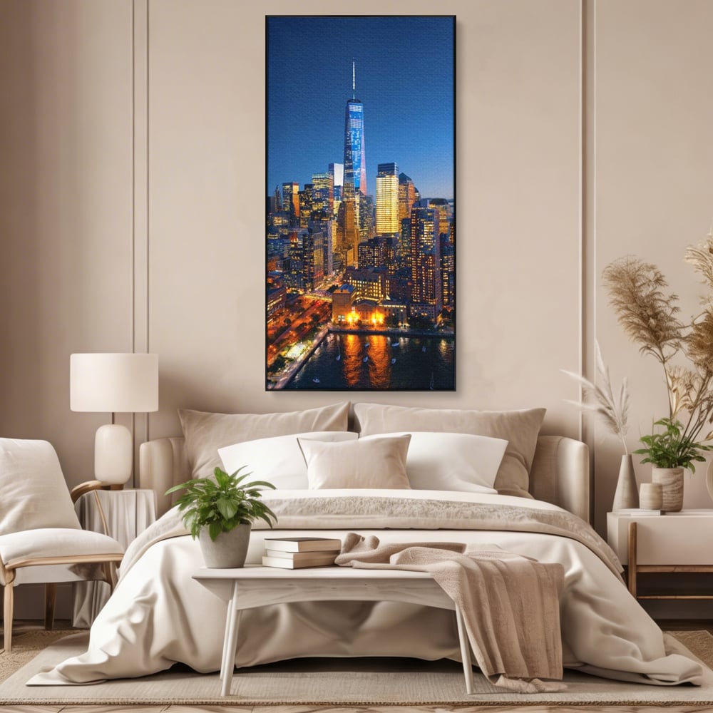 Tablou Canvas Premium, LuxCanva® O1058, Fantasticul Manhattan, Metropola, Lumini, Noapte, Sticla, Modernism, Vibratie, Skyline, Orizont, Apus, Stele, Cer, Infinit, Otel, Apa, Birou, Living, Dormitor