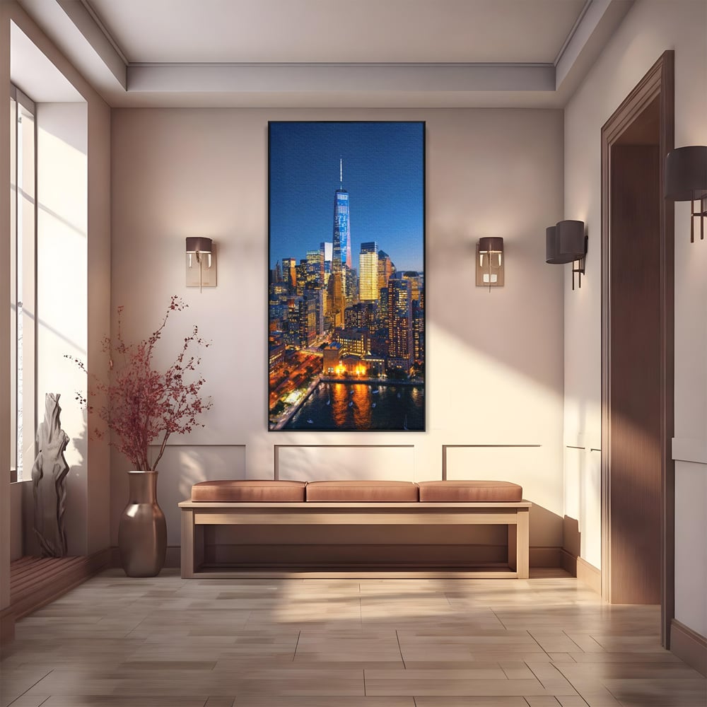 Tablou Canvas Premium, LuxCanva® O1058, Fantasticul Manhattan, Metropola, Lumini, Noapte, Sticla, Modernism, Vibratie, Skyline, Orizont, Apus, Stele, Cer, Infinit, Otel, Apa, Birou, Living, Dormitor