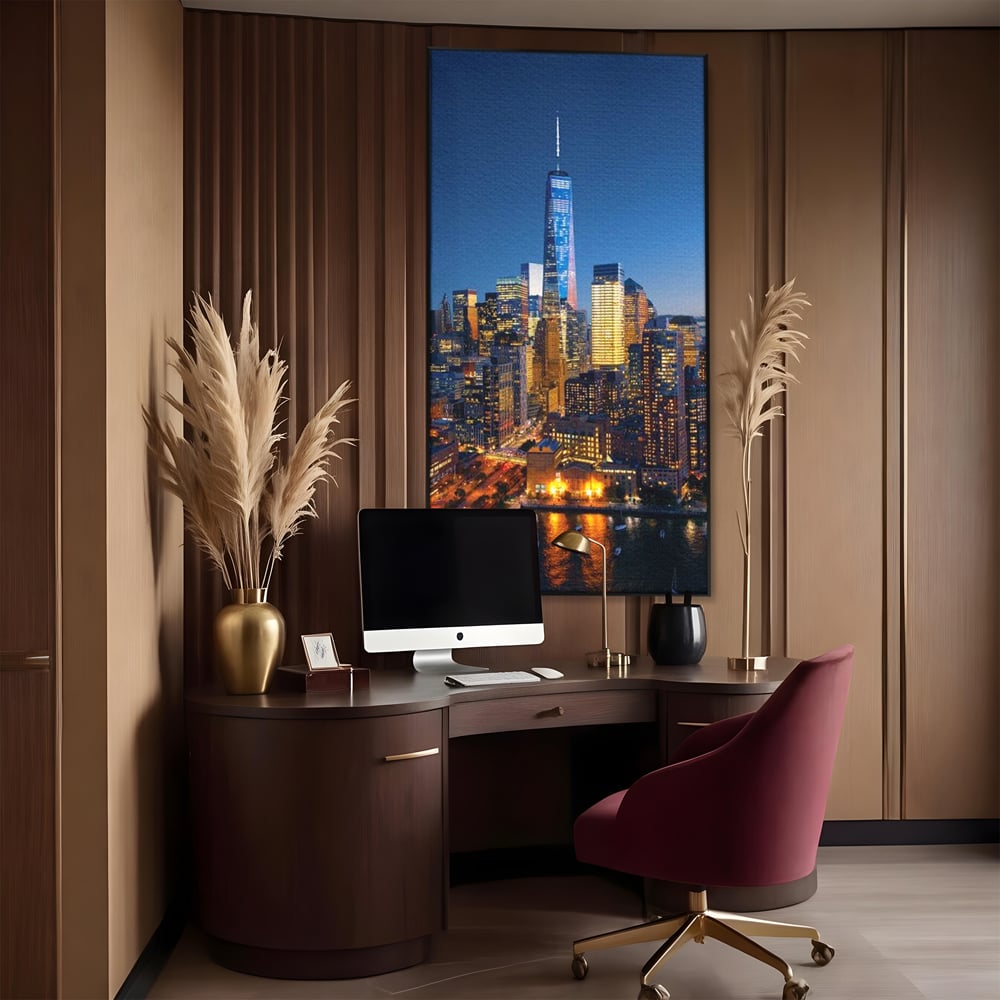 Tablou Canvas Premium, LuxCanva® O1058, Fantasticul Manhattan, Metropola, Lumini, Noapte, Sticla, Modernism, Vibratie, Skyline, Orizont, Apus, Stele, Cer, Infinit, Otel, Apa, Birou, Living, Dormitor
