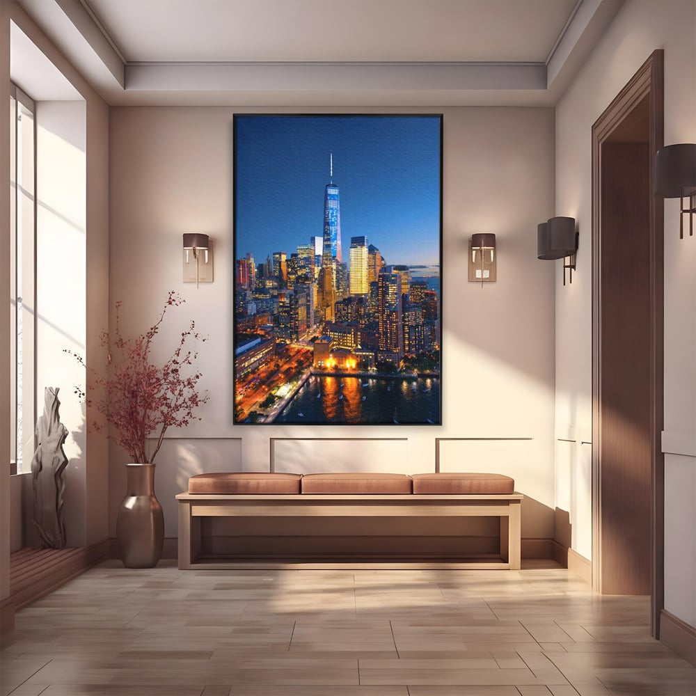 Tablou Canvas Premium, LuxCanva® O1058, Fantasticul Manhattan, Metropola, Lumini, Noapte, Sticla, Modernism, Vibratie, Skyline, Orizont, Apus, Stele, Cer, Infinit, Otel, Apa, Birou, Living, Dormitor