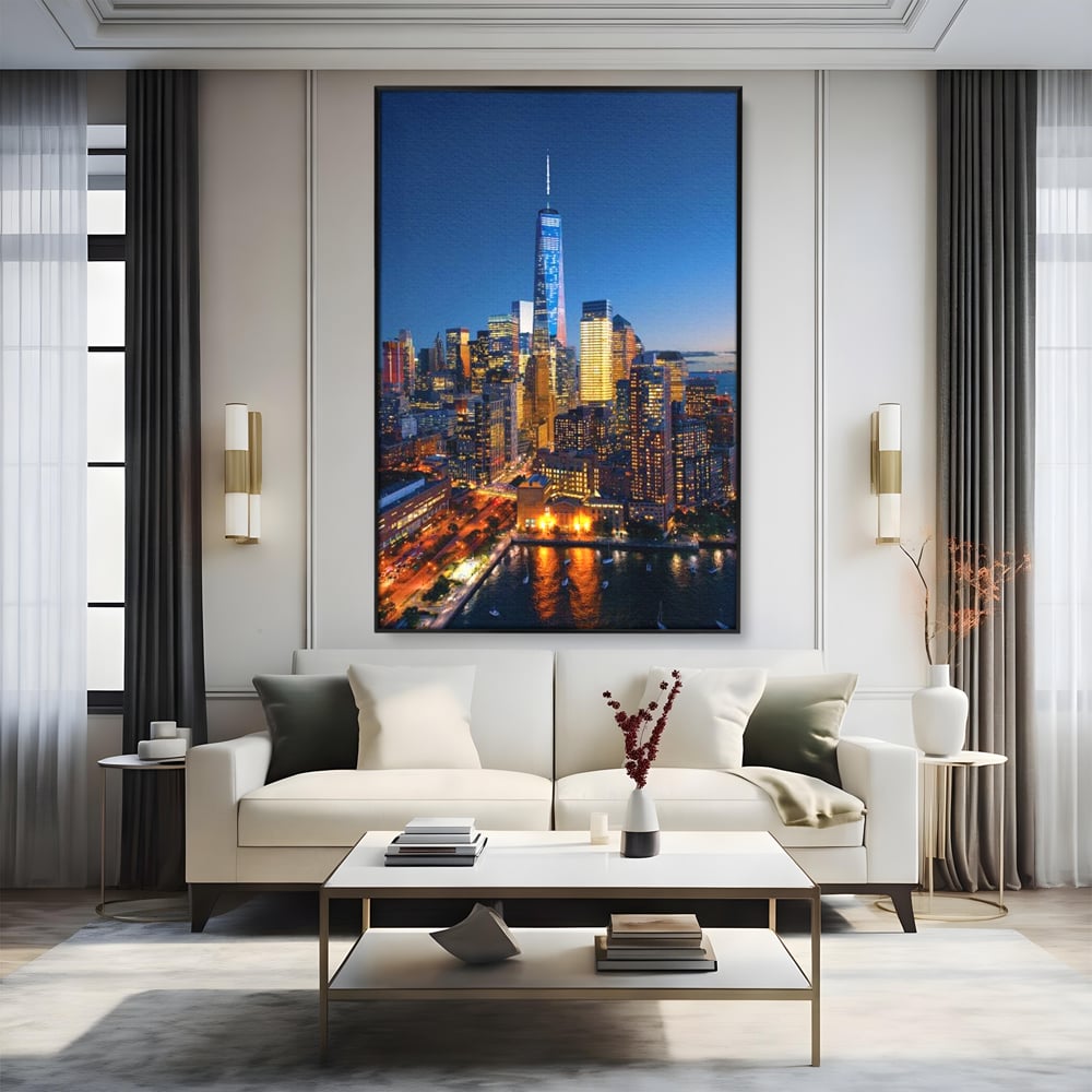 Tablou Canvas Premium, LuxCanva® O1058, Fantasticul Manhattan, Metropola, Lumini, Noapte, Sticla, Modernism, Vibratie, Skyline, Orizont, Apus, Stele, Cer, Infinit, Otel, Apa, Birou, Living, Dormitor