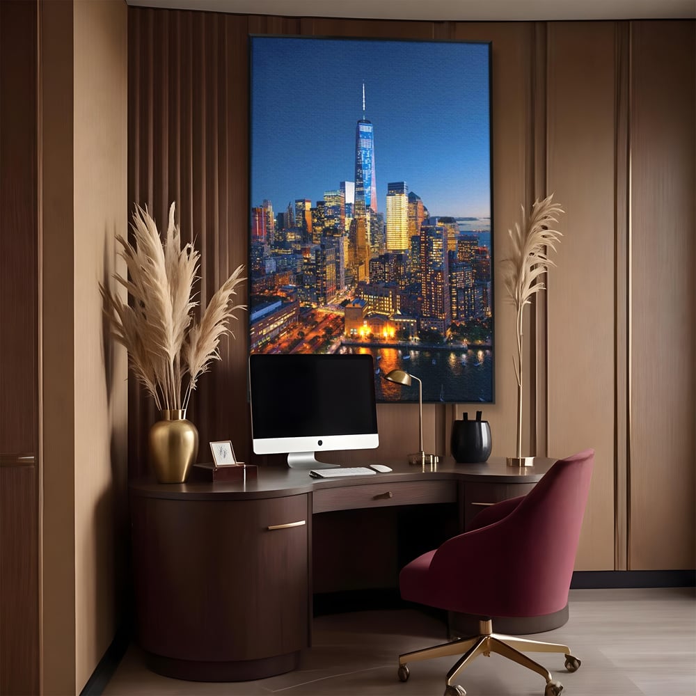 Tablou Canvas Premium, LuxCanva® O1058, Fantasticul Manhattan, Metropola, Lumini, Noapte, Sticla, Modernism, Vibratie, Skyline, Orizont, Apus, Stele, Cer, Infinit, Otel, Apa, Birou, Living, Dormitor