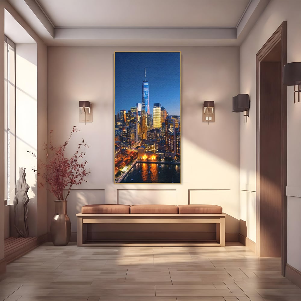 Tablou Canvas Premium, LuxCanva® O1058, Fantasticul Manhattan, Metropola, Lumini, Noapte, Sticla, Modernism, Vibratie, Skyline, Orizont, Apus, Stele, Cer, Infinit, Otel, Apa, Birou, Living, Dormitor
