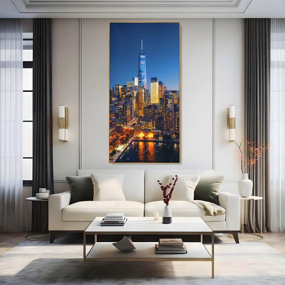 Tablou Canvas Premium, LuxCanva® O1058, Fantasticul Manhattan, Metropola, Lumini, Noapte, Sticla, Modernism, Vibratie, Skyline, Orizont, Apus, Stele, Cer, Infinit, Otel, Apa, Birou, Living, Dormitor