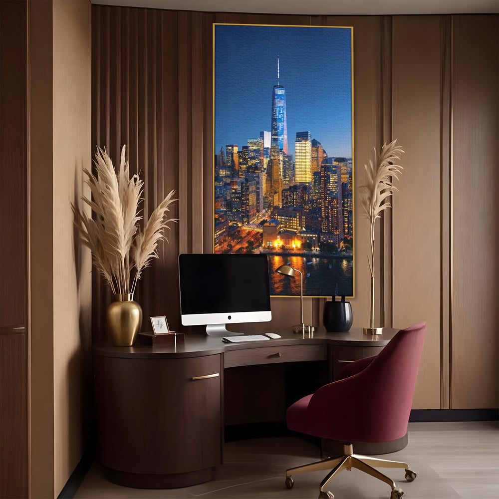 Tablou Canvas Premium, LuxCanva® O1058, Fantasticul Manhattan, Metropola, Lumini, Noapte, Sticla, Modernism, Vibratie, Skyline, Orizont, Apus, Stele, Cer, Infinit, Otel, Apa, Birou, Living, Dormitor