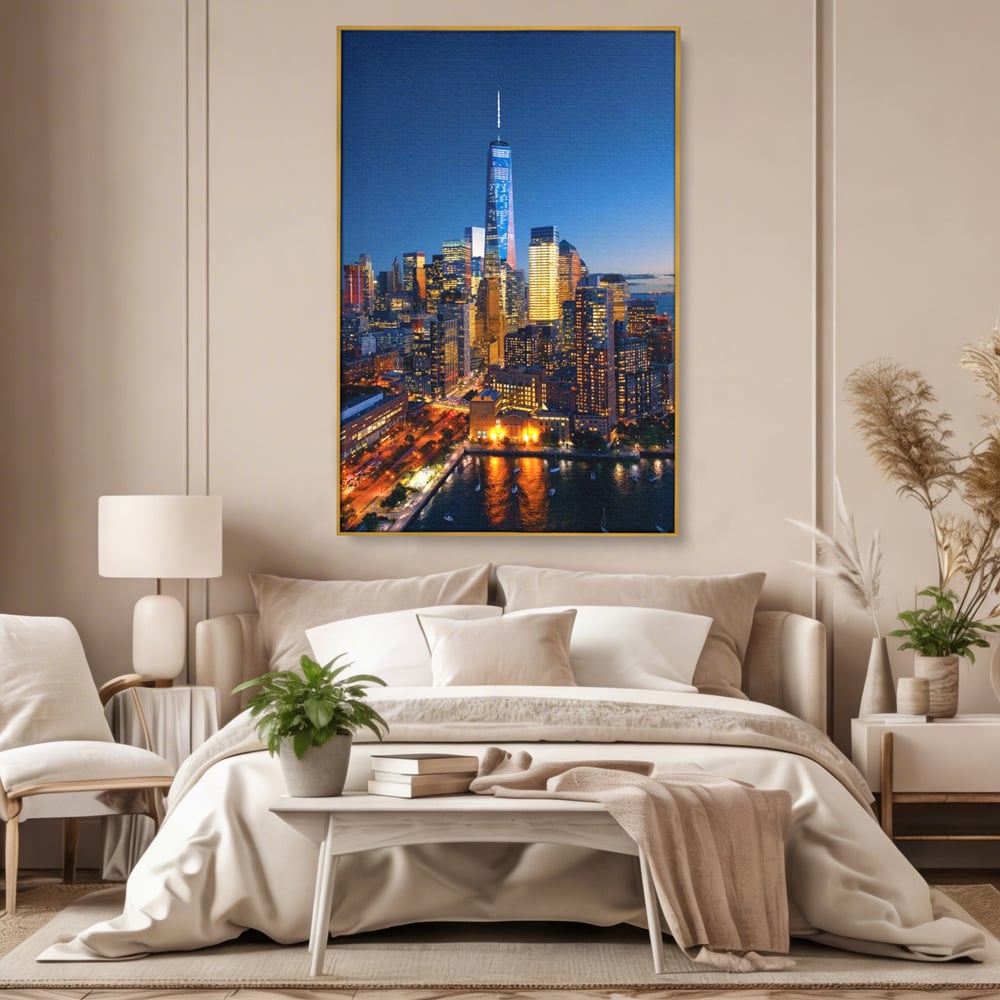 Tablou Canvas Premium, LuxCanva® O1058, Fantasticul Manhattan, Metropola, Lumini, Noapte, Sticla, Modernism, Vibratie, Skyline, Orizont, Apus, Stele, Cer, Infinit, Otel, Apa, Birou, Living, Dormitor