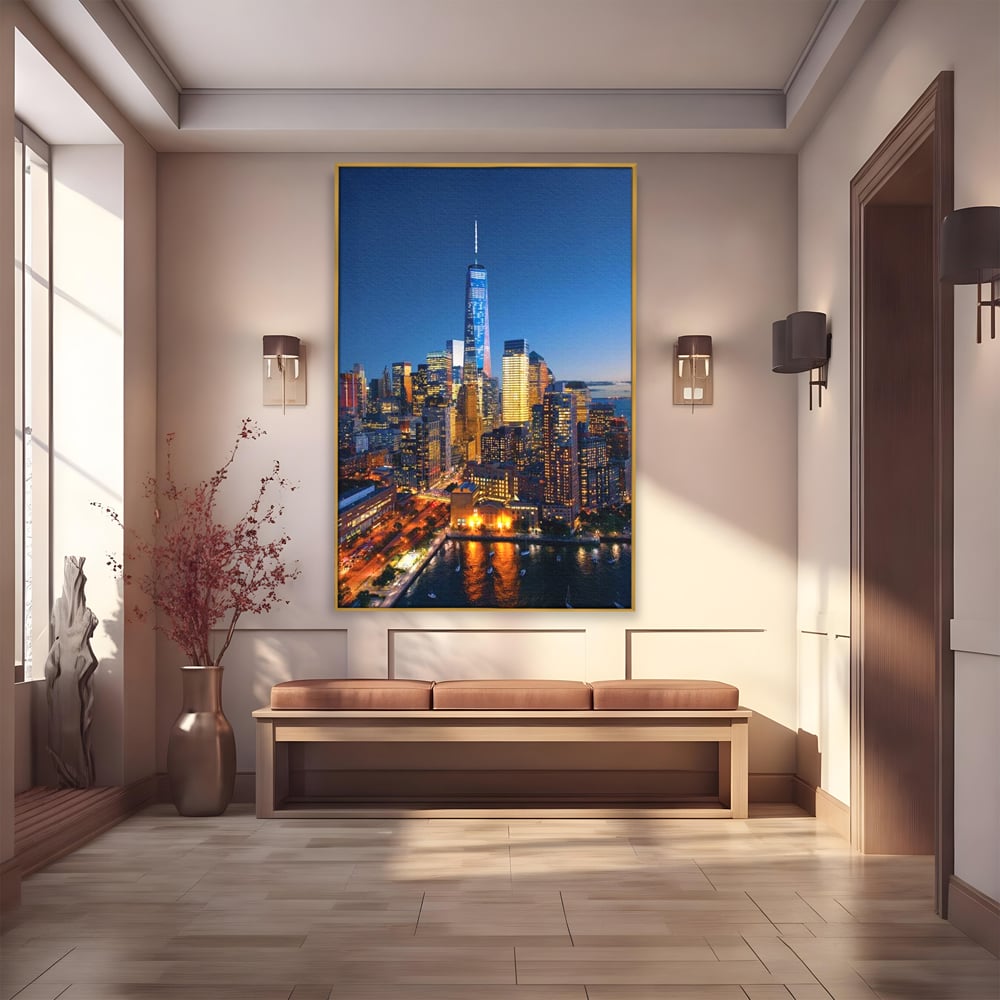 Tablou Canvas Premium, LuxCanva® O1058, Fantasticul Manhattan, Metropola, Lumini, Noapte, Sticla, Modernism, Vibratie, Skyline, Orizont, Apus, Stele, Cer, Infinit, Otel, Apa, Birou, Living, Dormitor