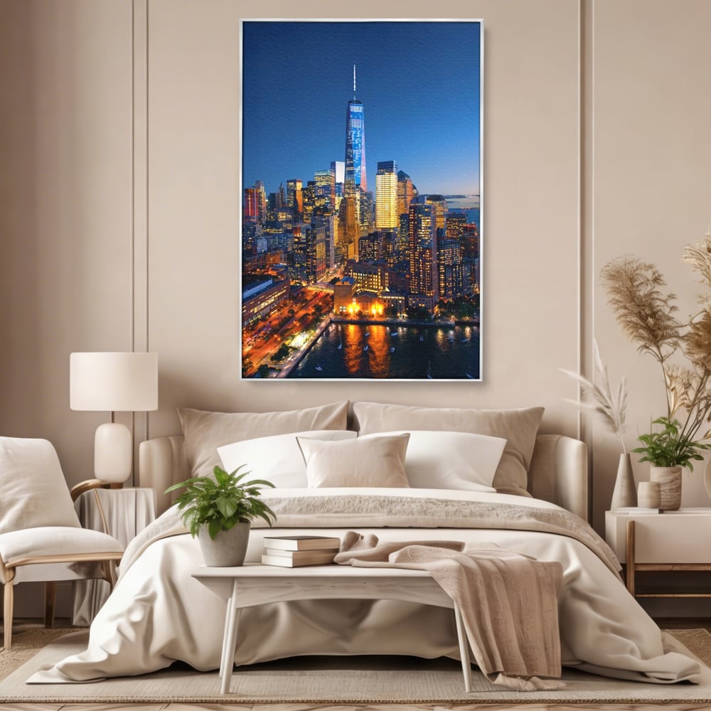 Tablou Canvas Premium, LuxCanva® O1058, Fantasticul Manhattan, Metropola, Lumini, Noapte, Sticla, Modernism, Vibratie, Skyline, Orizont, Apus, Stele, Cer, Infinit, Otel, Apa, Birou, Living, Dormitor