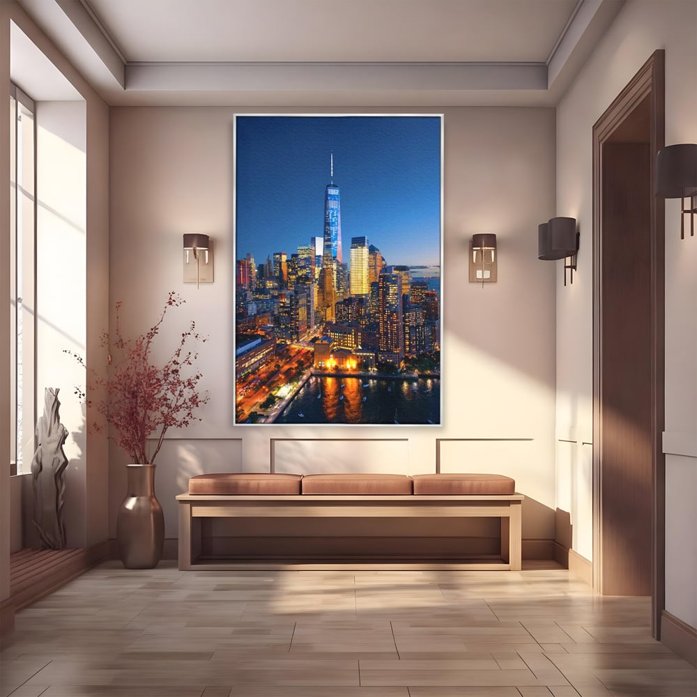 Tablou Canvas Premium, LuxCanva® O1058, Fantasticul Manhattan, Metropola, Lumini, Noapte, Sticla, Modernism, Vibratie, Skyline, Orizont, Apus, Stele, Cer, Infinit, Otel, Apa, Birou, Living, Dormitor