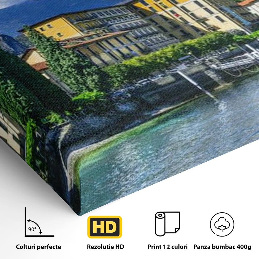 Tablou Canvas Premium, LuxCanva® O1059, Linistea Lacului Como, Riviera, Smarald, Alpin, Mediterana, Munti, Natura, Oaza, Lacustra, Soare, Serenitate, Azur, Vacanta, Creatie, Birou, Living, Dormitor