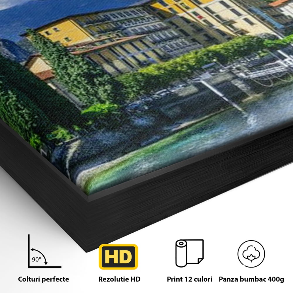 Tablou Canvas Premium, LuxCanva® O1059, Linistea Lacului Como, Riviera, Smarald, Alpin, Mediterana, Munti, Natura, Oaza, Lacustra, Soare, Serenitate, Azur, Vacanta, Creatie, Birou, Living, Dormitor