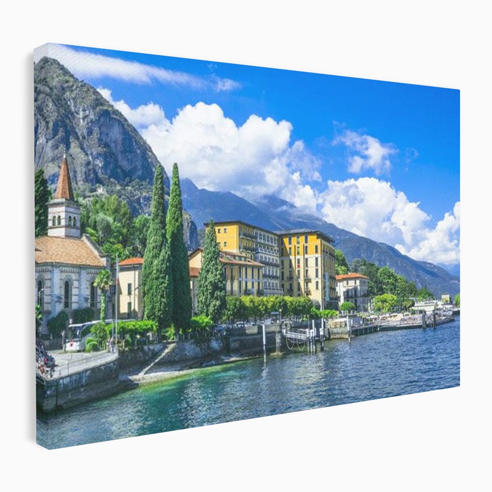 Tablou Canvas Premium, LuxCanva® O1059, Linistea Lacului Como, Riviera, Smarald, Alpin, Mediterana, Munti, Natura, Oaza, Lacustra, Soare, Serenitate, Azur, Vacanta, Creatie, Birou, Living, Dormitor