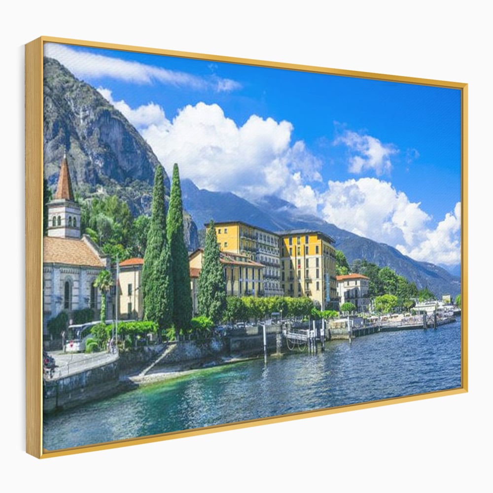 Tablou Canvas Premium, LuxCanva® O1059, Linistea Lacului Como, Riviera, Smarald, Alpin, Mediterana, Munti, Natura, Oaza, Lacustra, Soare, Serenitate, Azur, Vacanta, Creatie, Birou, Living, Dormitor