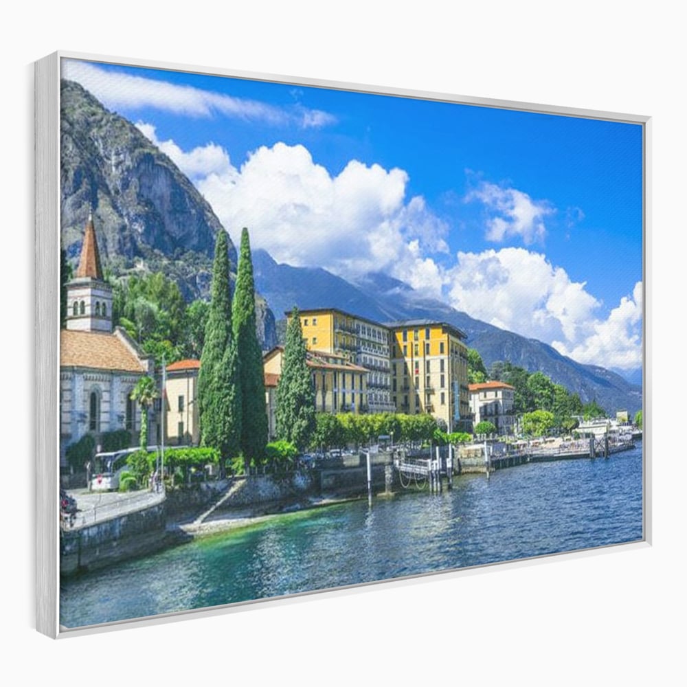 Tablou Canvas Premium, LuxCanva® O1059, Linistea Lacului Como, Riviera, Smarald, Alpin, Mediterana, Munti, Natura, Oaza, Lacustra, Soare, Serenitate, Azur, Vacanta, Creatie, Birou, Living, Dormitor