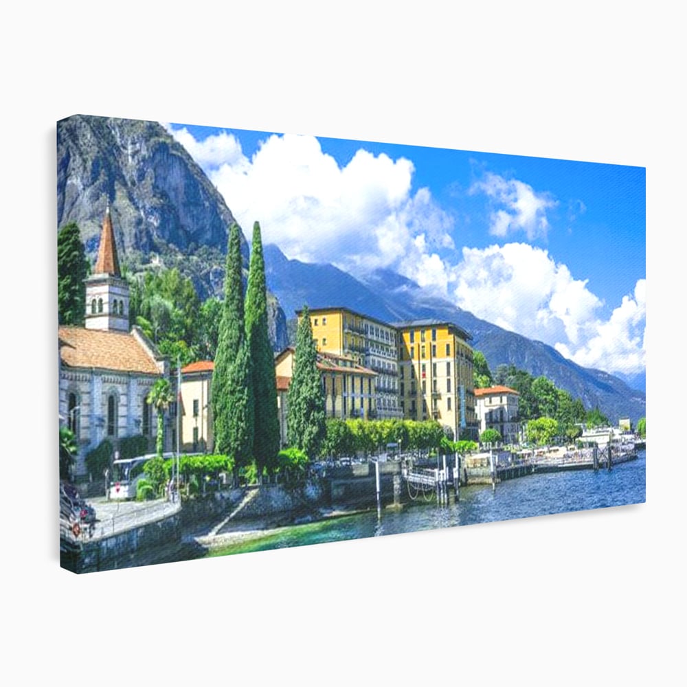 Tablou Canvas Premium, LuxCanva® O1059, Linistea Lacului Como, Riviera, Smarald, Alpin, Mediterana, Munti, Natura, Oaza, Lacustra, Soare, Serenitate, Azur, Vacanta, Creatie, Birou, Living, Dormitor