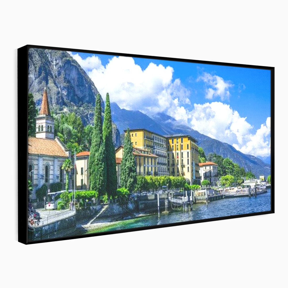 Tablou Canvas Premium, LuxCanva® O1059, Linistea Lacului Como, Riviera, Smarald, Alpin, Mediterana, Munti, Natura, Oaza, Lacustra, Soare, Serenitate, Azur, Vacanta, Creatie, Birou, Living, Dormitor
