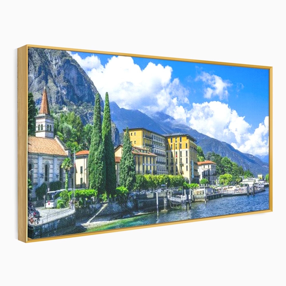 Tablou Canvas Premium, LuxCanva® O1059, Linistea Lacului Como, Riviera, Smarald, Alpin, Mediterana, Munti, Natura, Oaza, Lacustra, Soare, Serenitate, Azur, Vacanta, Creatie, Birou, Living, Dormitor