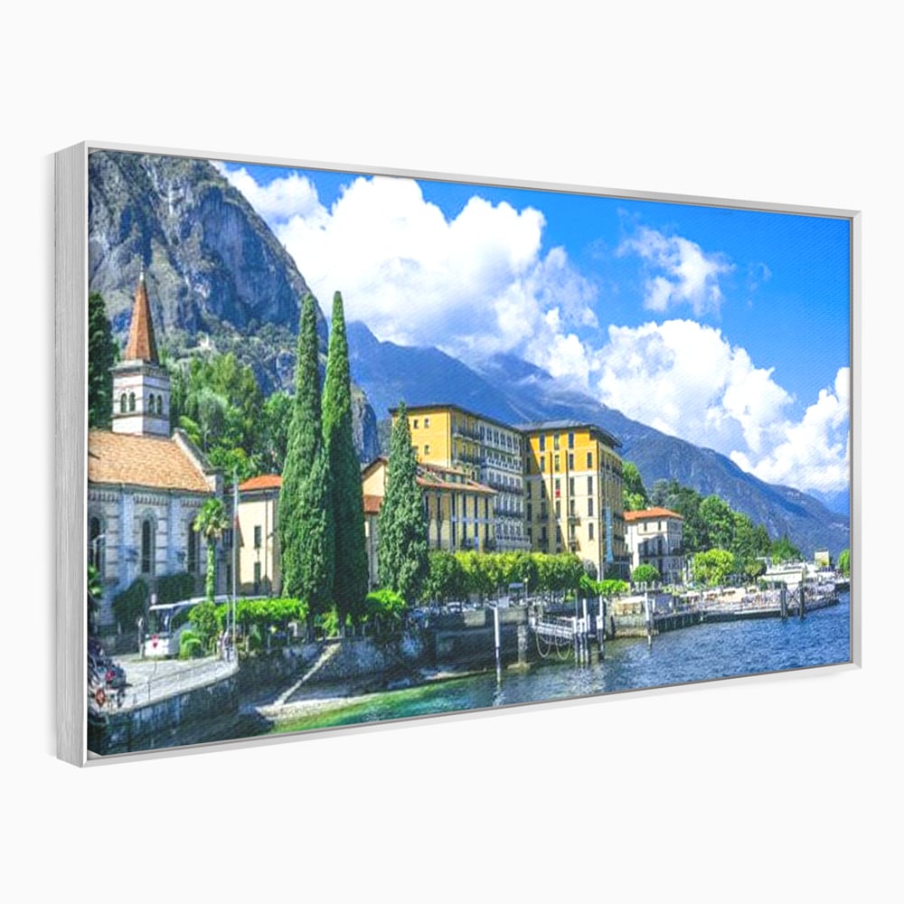Tablou Canvas Premium, LuxCanva® O1059, Linistea Lacului Como, Riviera, Smarald, Alpin, Mediterana, Munti, Natura, Oaza, Lacustra, Soare, Serenitate, Azur, Vacanta, Creatie, Birou, Living, Dormitor