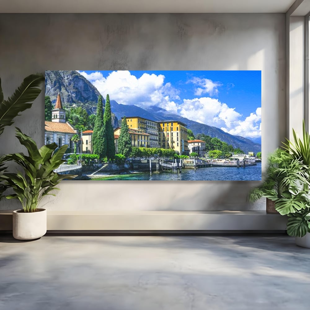 Tablou Canvas Premium, LuxCanva® O1059, Linistea Lacului Como, Riviera, Smarald, Alpin, Mediterana, Munti, Natura, Oaza, Lacustra, Soare, Serenitate, Azur, Vacanta, Creatie, Birou, Living, Dormitor