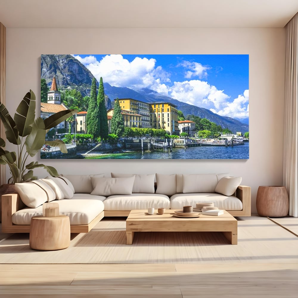Tablou Canvas Premium, LuxCanva® O1059, Linistea Lacului Como, Riviera, Smarald, Alpin, Mediterana, Munti, Natura, Oaza, Lacustra, Soare, Serenitate, Azur, Vacanta, Creatie, Birou, Living, Dormitor